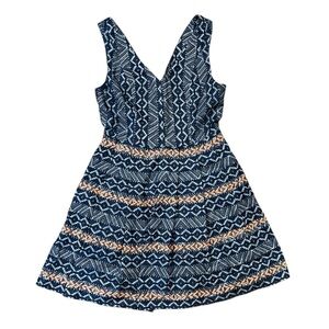 Skies Are Blue Navy Coral Aztec Print Mini Dress Lined V-Neck Back Zip Small EUC
